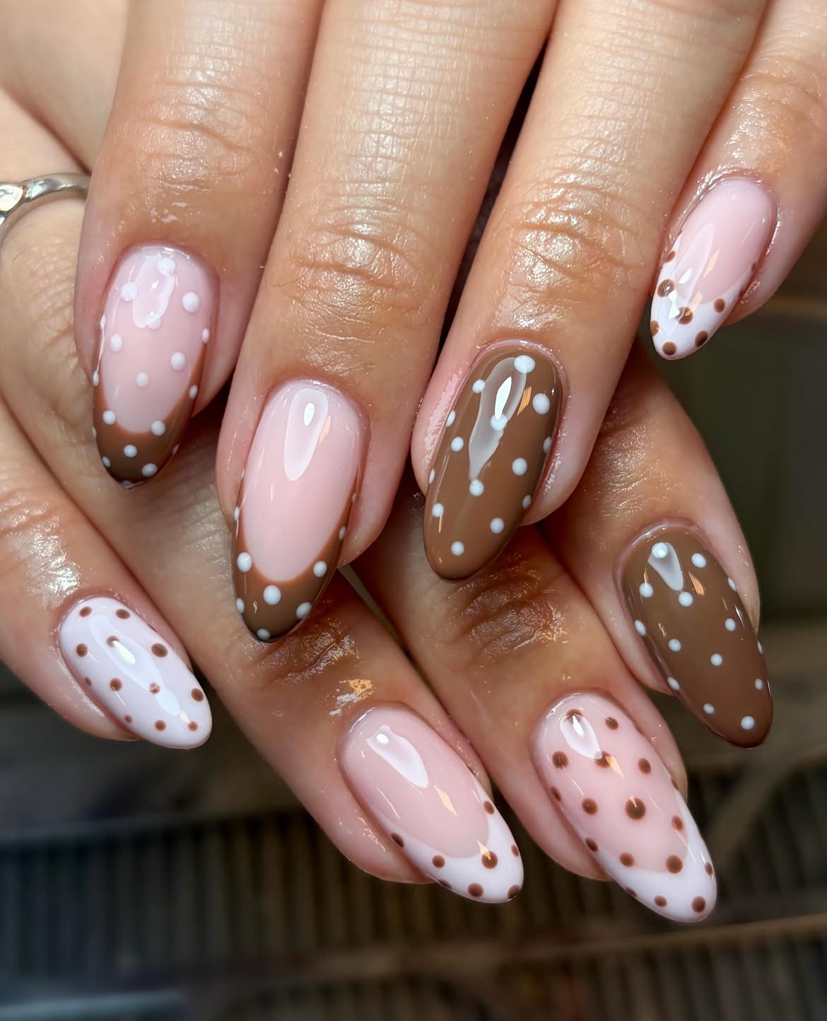Chic Chocolate & Cream Polka Dot French Tips