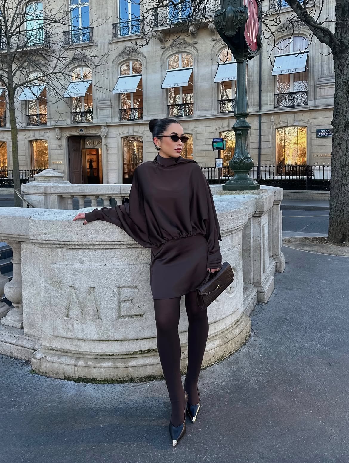 Chic Chocolate Satin Dress With Modern Pointed Heels