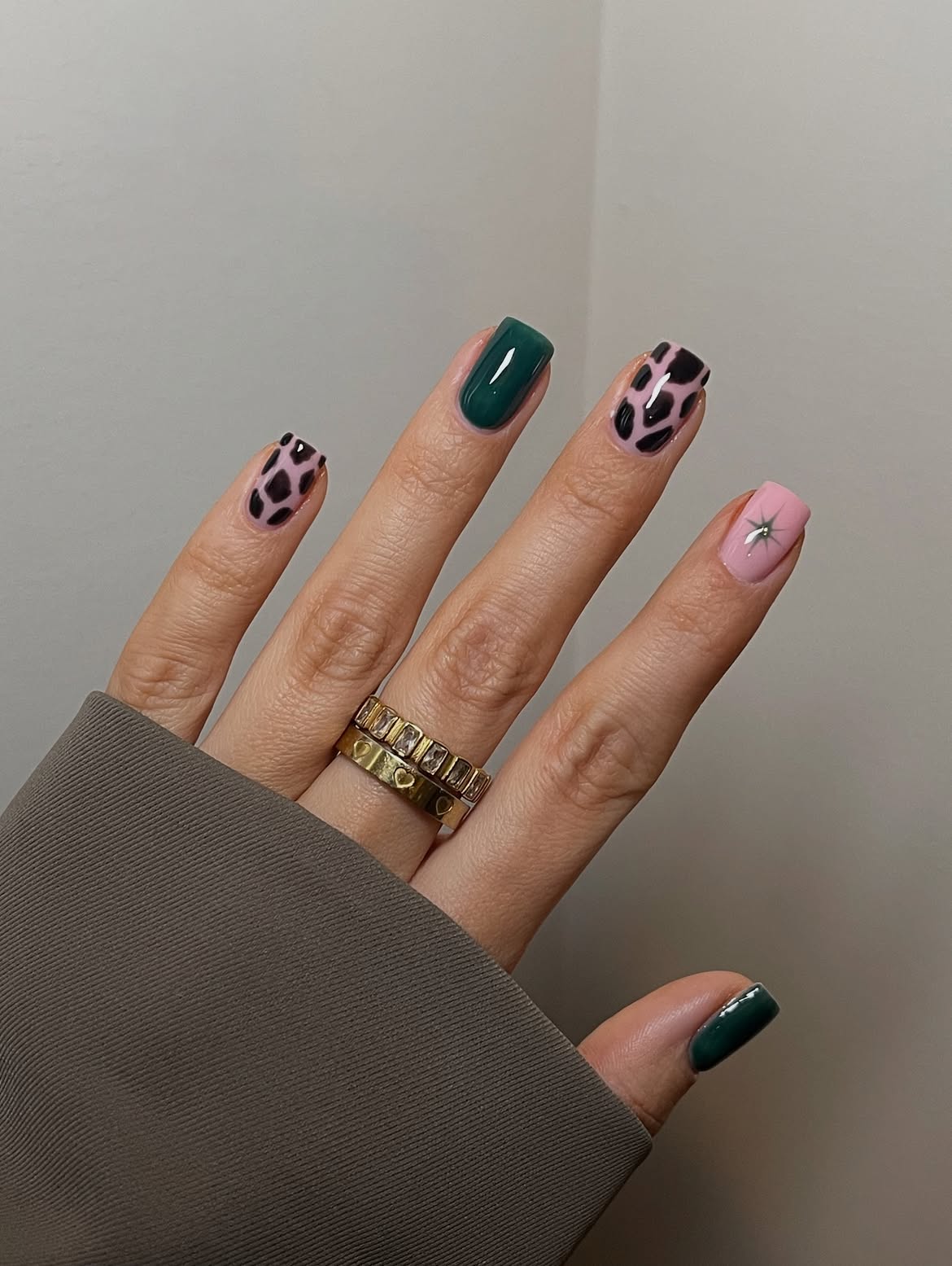 Chic Cow Print & Emerald Green Square Nails