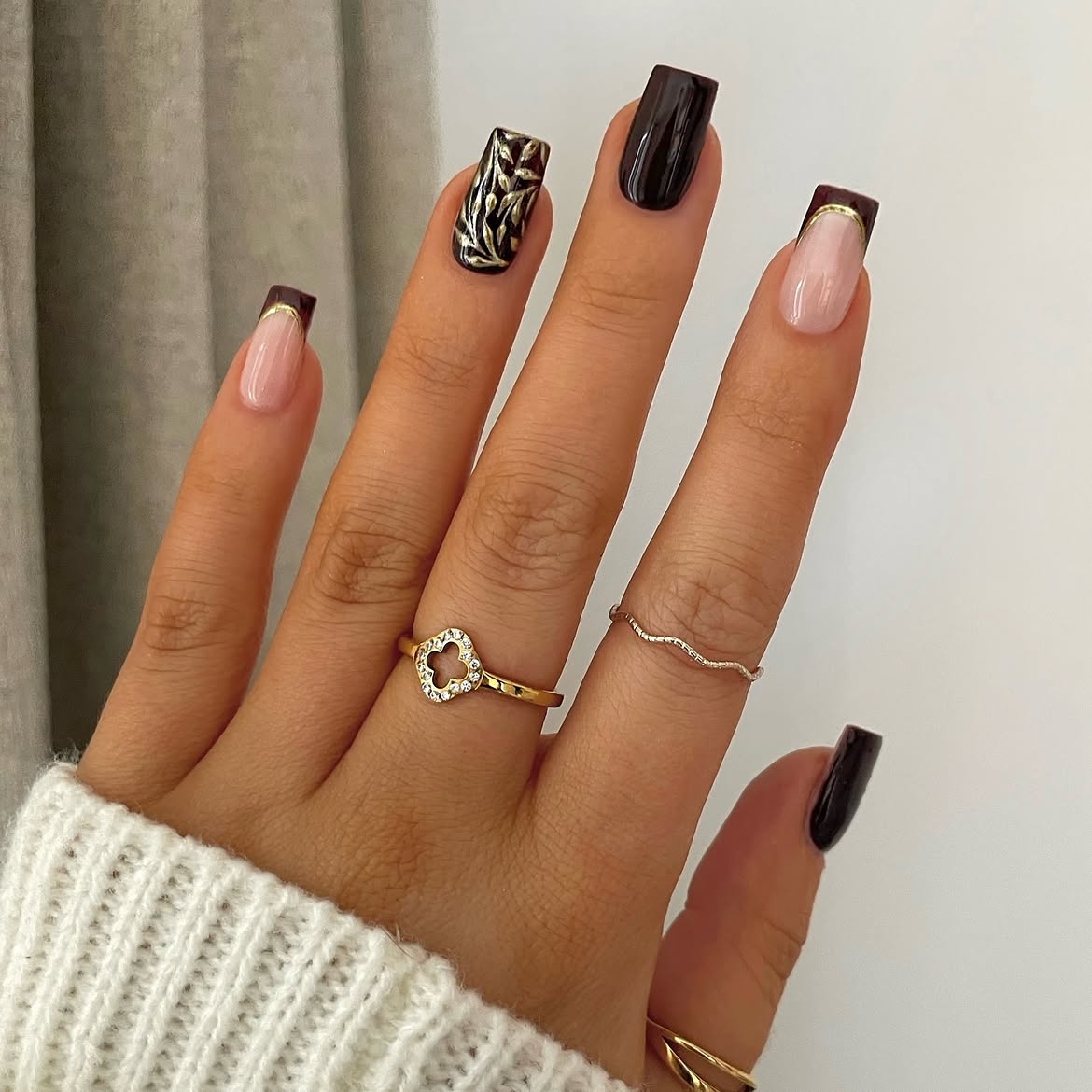 28 Stunning Coffin Nail Ideas for Your Perfect Fall Look 15 Chic Dark Brown Coffin Nails with Gold Leaf Art