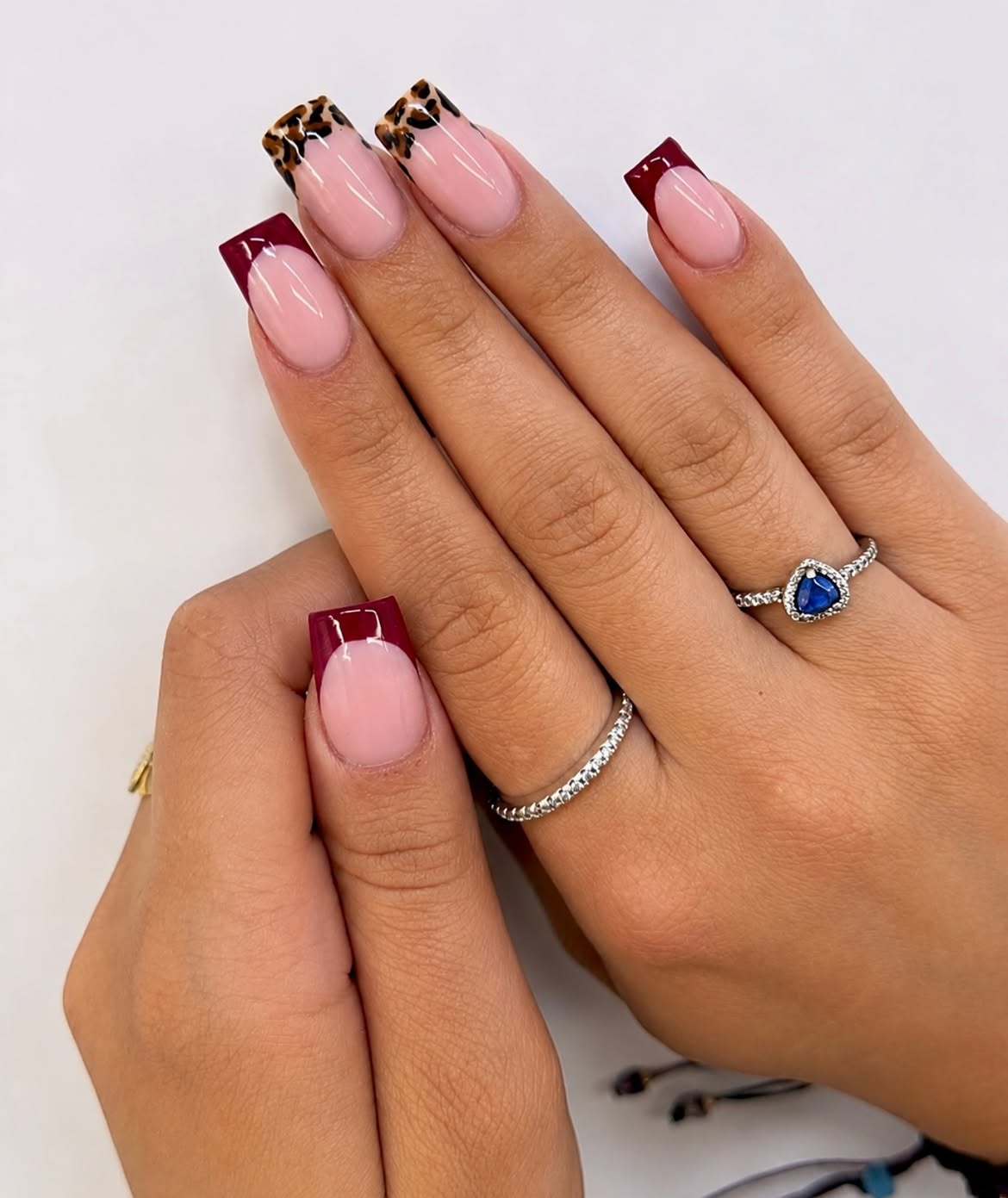 Chic Deep Red and Leopard French Tips