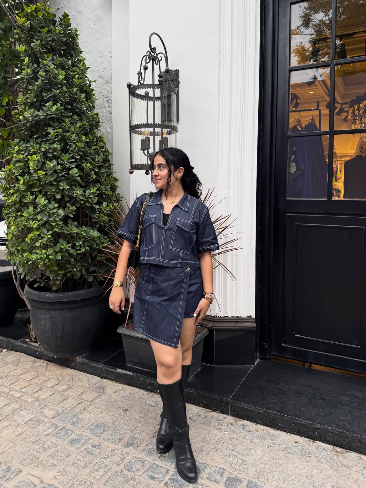 Chic Denim Co-Ord Set With Knee-High Boots