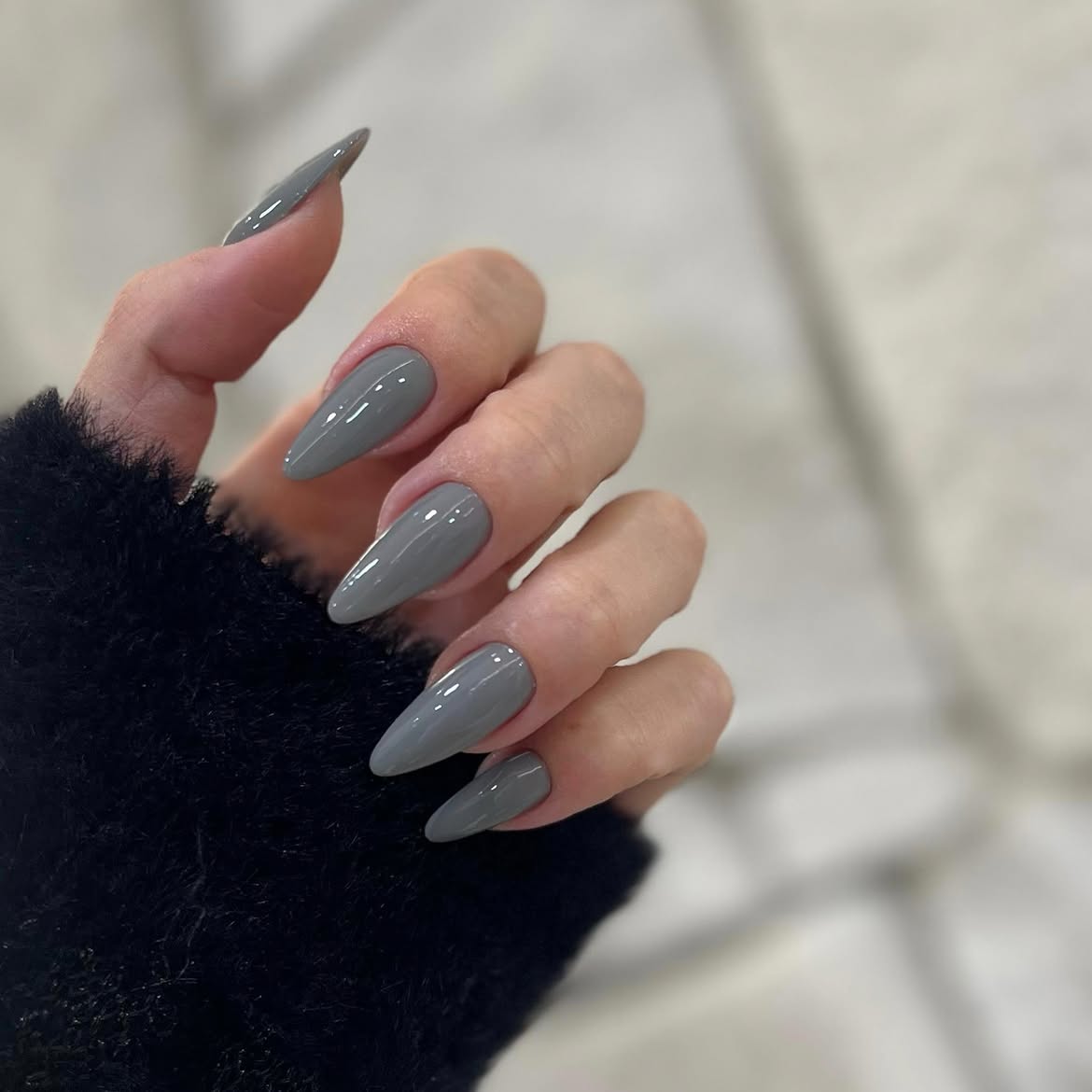 Chic Grey Glossy Almond Nails