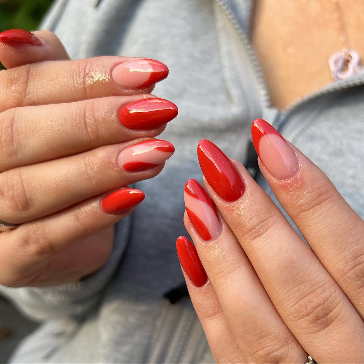 28 Stunning Orange Fall Nail Ideas You Need to Try 21 Chic Red And Nude Swirl French Almond Nails