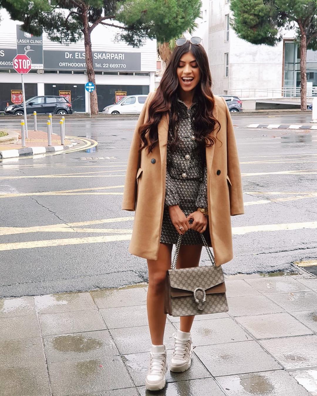 Chic Tweed Set With Camel Coat Day Look