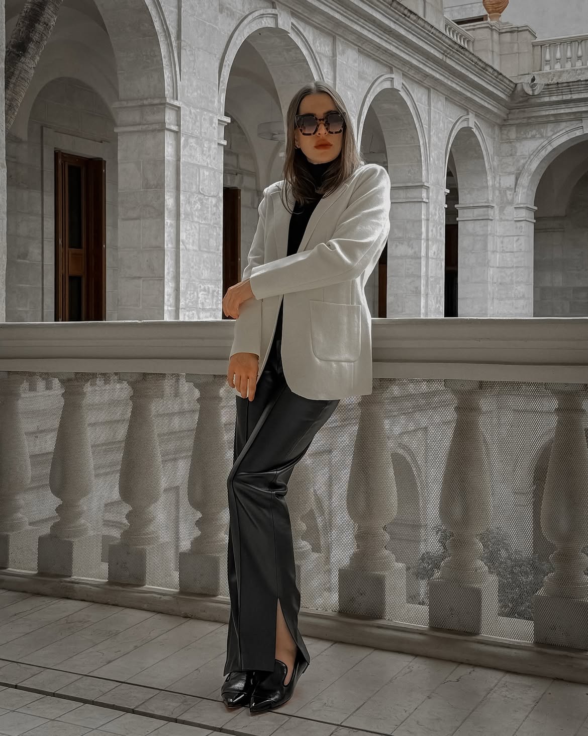 Chic White Blazer and Sleek Faux Leather Pants