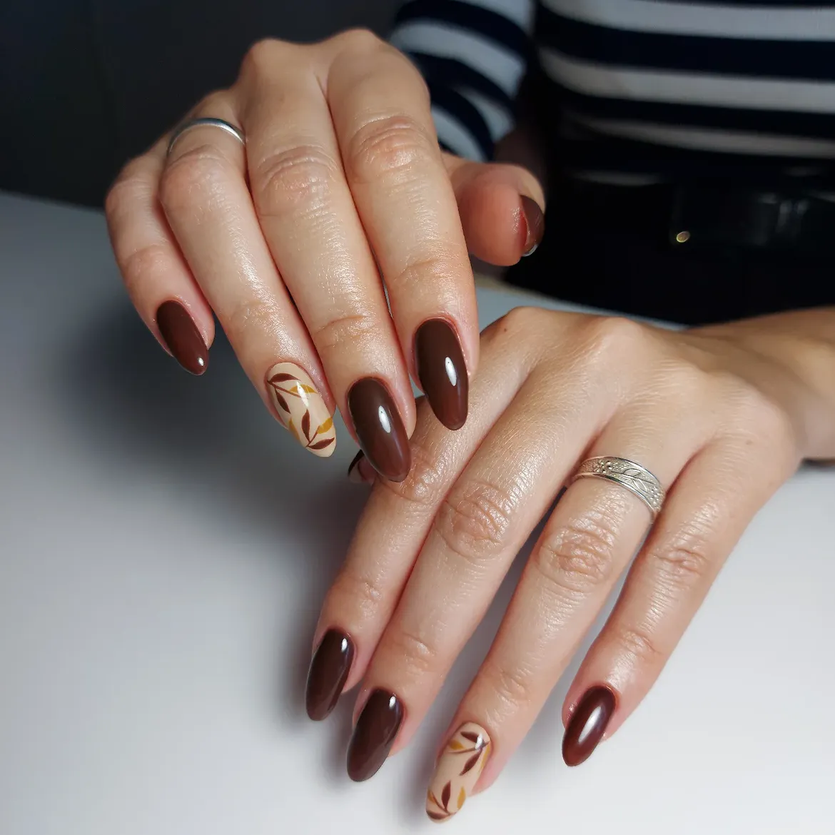 29 Stunning Fall Leaves Nail Ideas You Need To Try Now 21 Chocolate Almond Nails with Fall Leaf Art