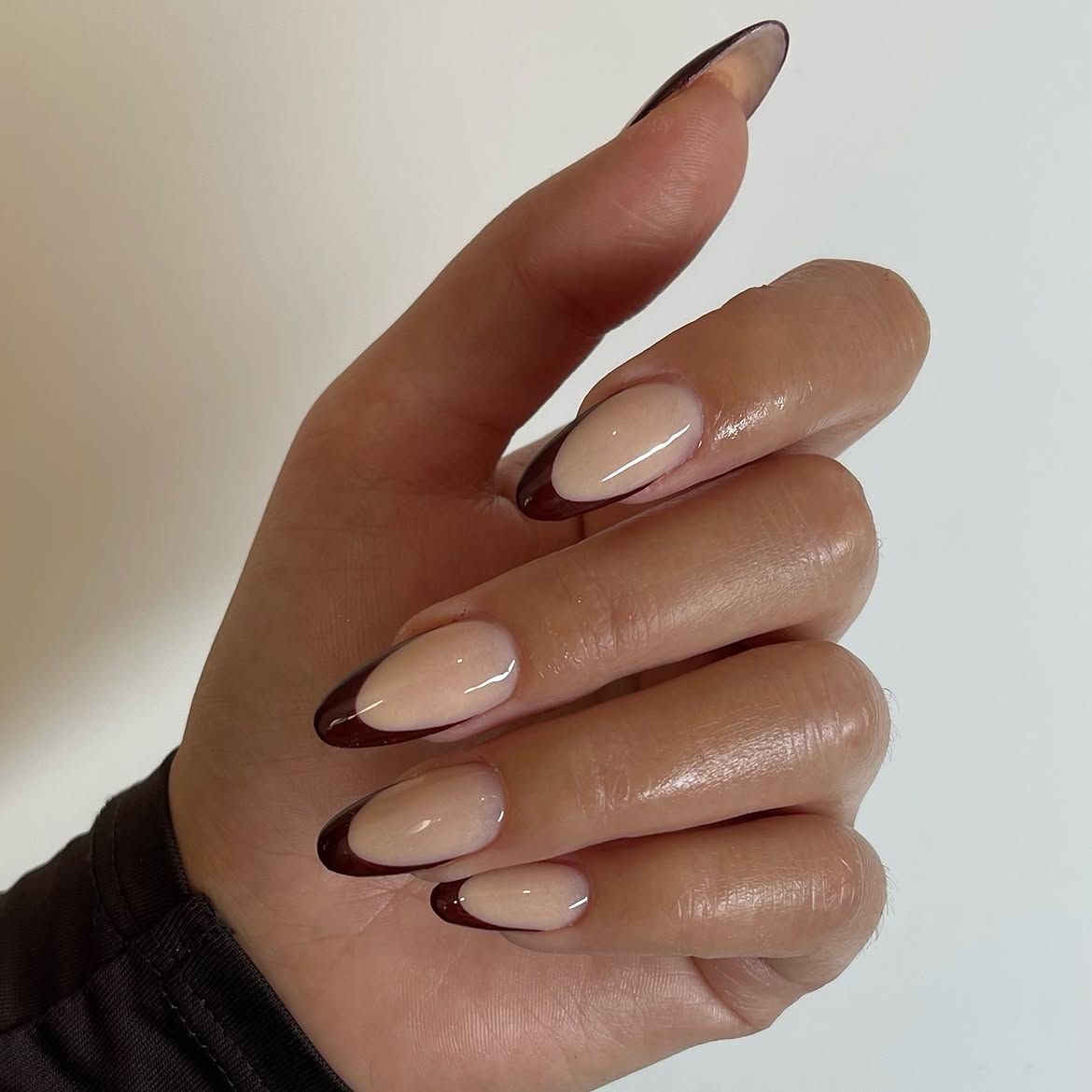 Chocolate Aura French Tips with Almond Shape