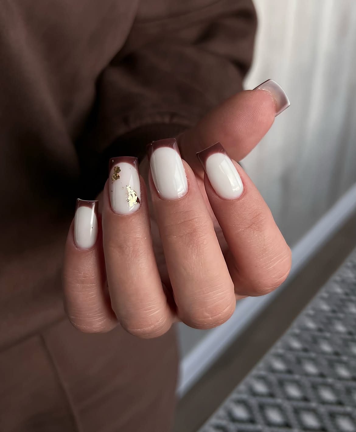 Chocolate Brown French Tip Nails with Gold Foil