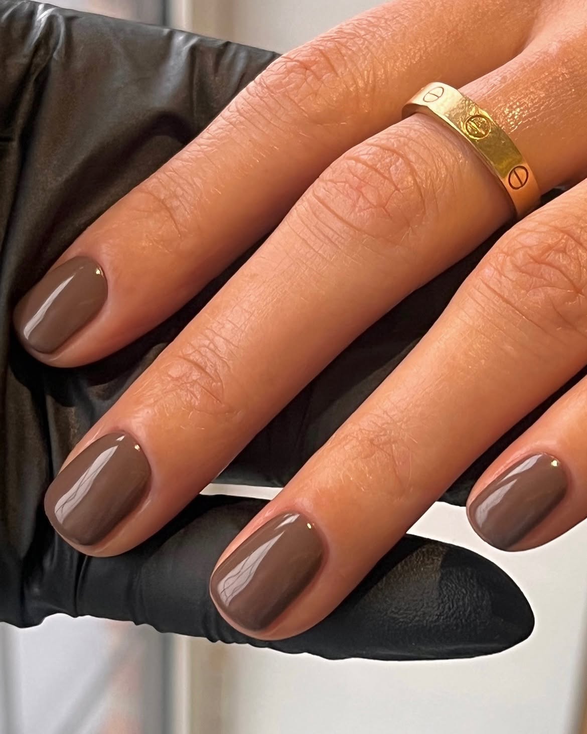 Chocolate Brown Glossy Square Nails With Gold Dot