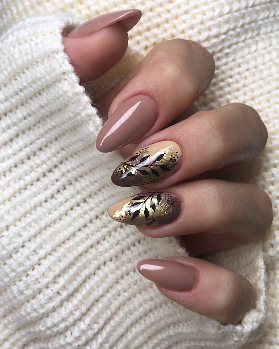 29 Stunning Fall Leaves Nail Ideas You Need To Try Now 19 Chocolate Brown & Gold Leaf Fall Almond Nails