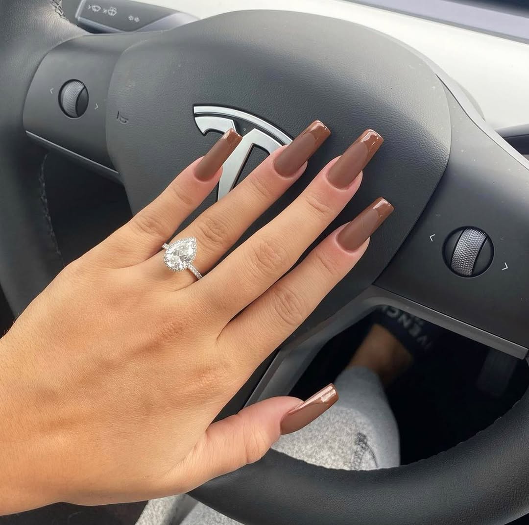 Chocolate Brown Matte French Tip Coffin Nails