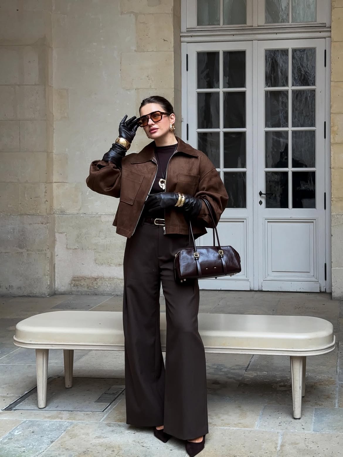 Chocolate Brown Tailored Trousers With Cropped Suede Jacket