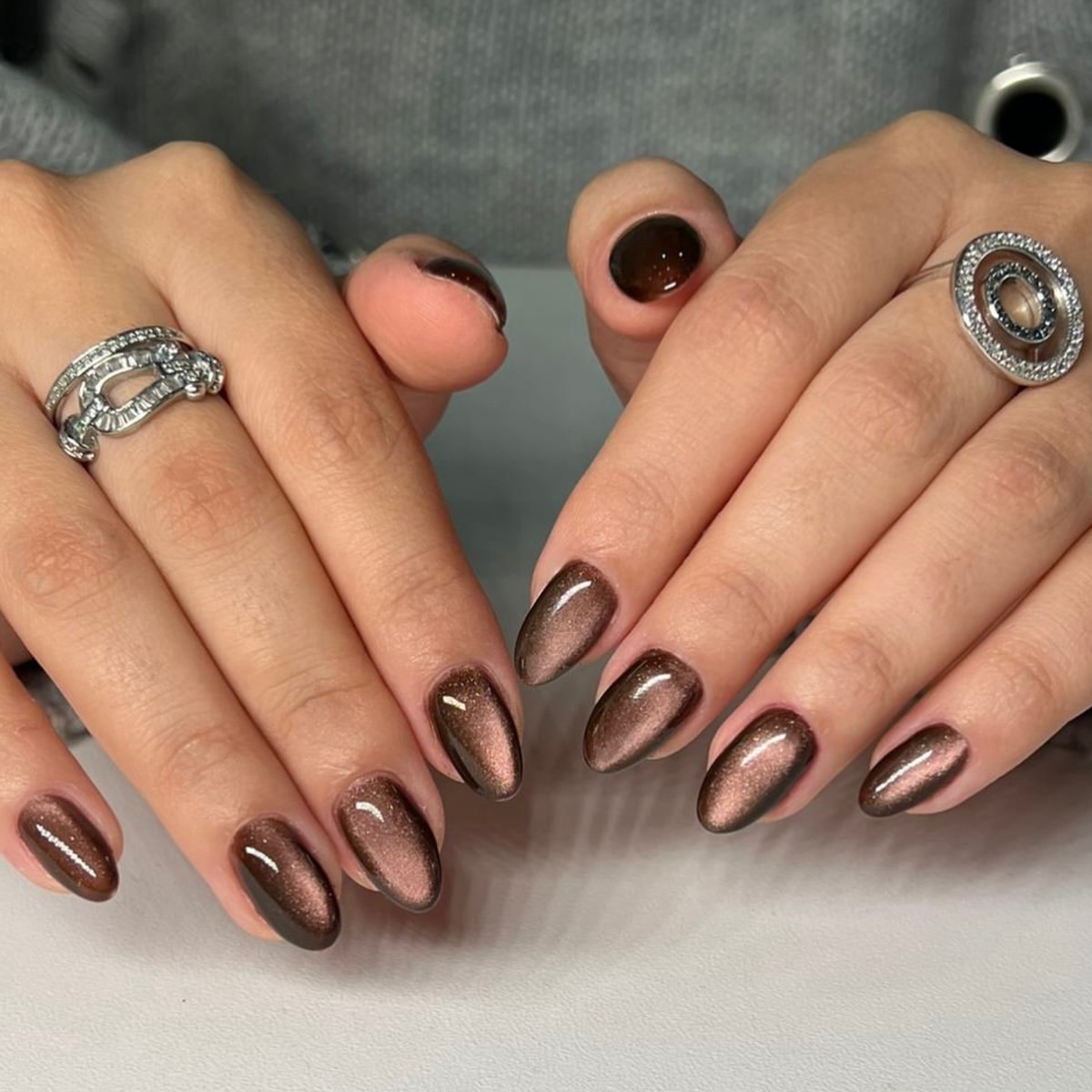 Chocolate Cat Eye Almond Nails with Glossy Finish