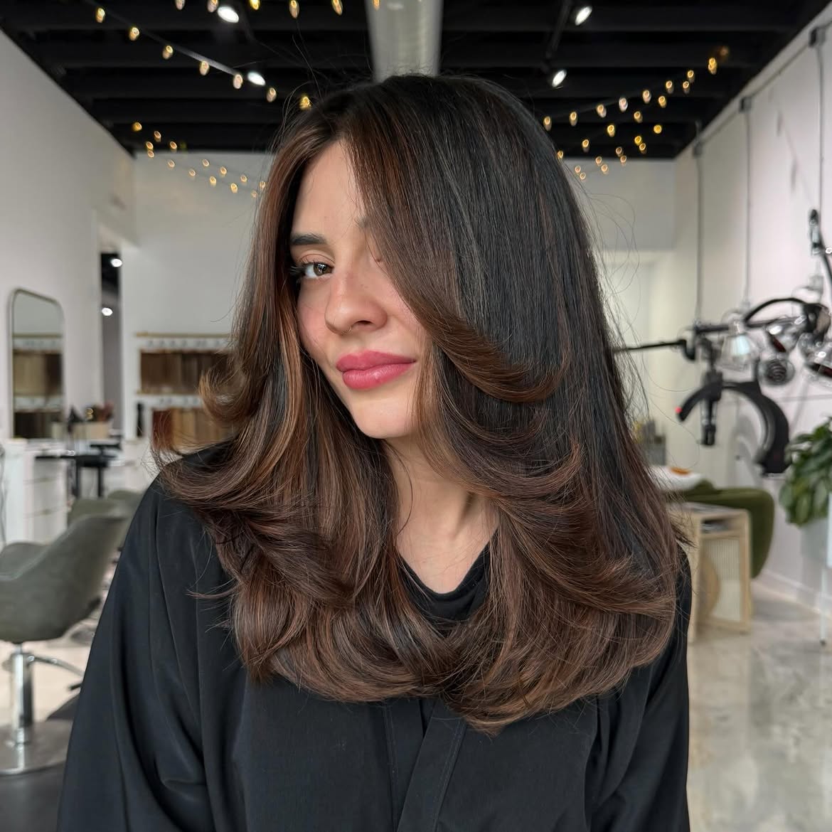 Chocolate Cherry Balayage With Voluminous Layers