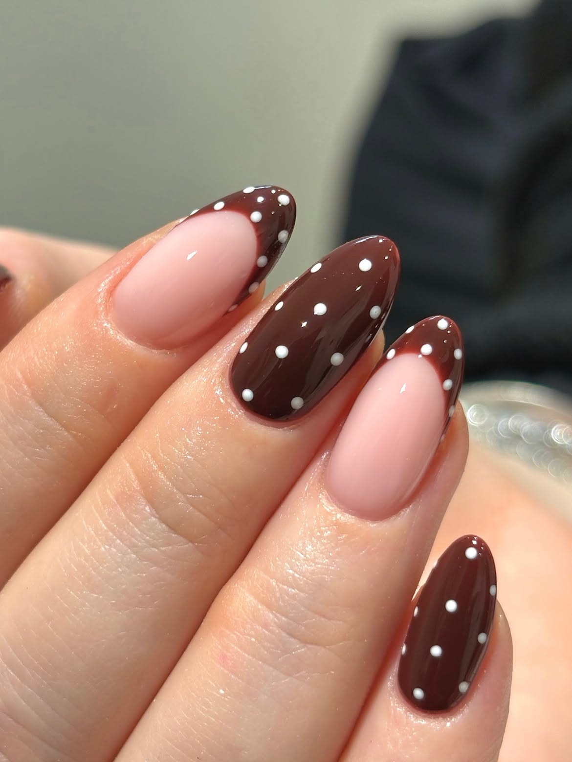 Chocolate & Cream Polka Dot Almond French Nails