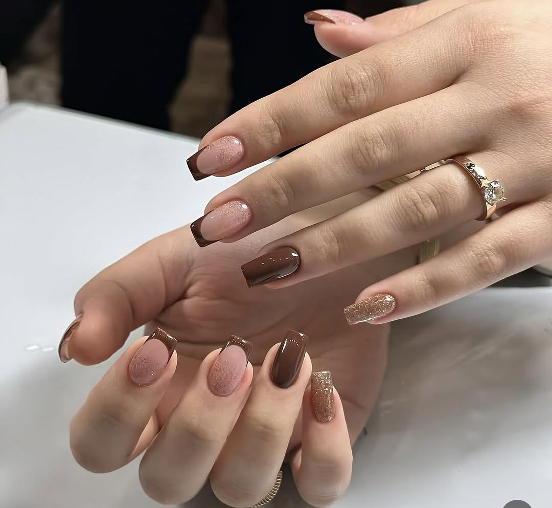 Chocolate French Ombre Glitter Nails