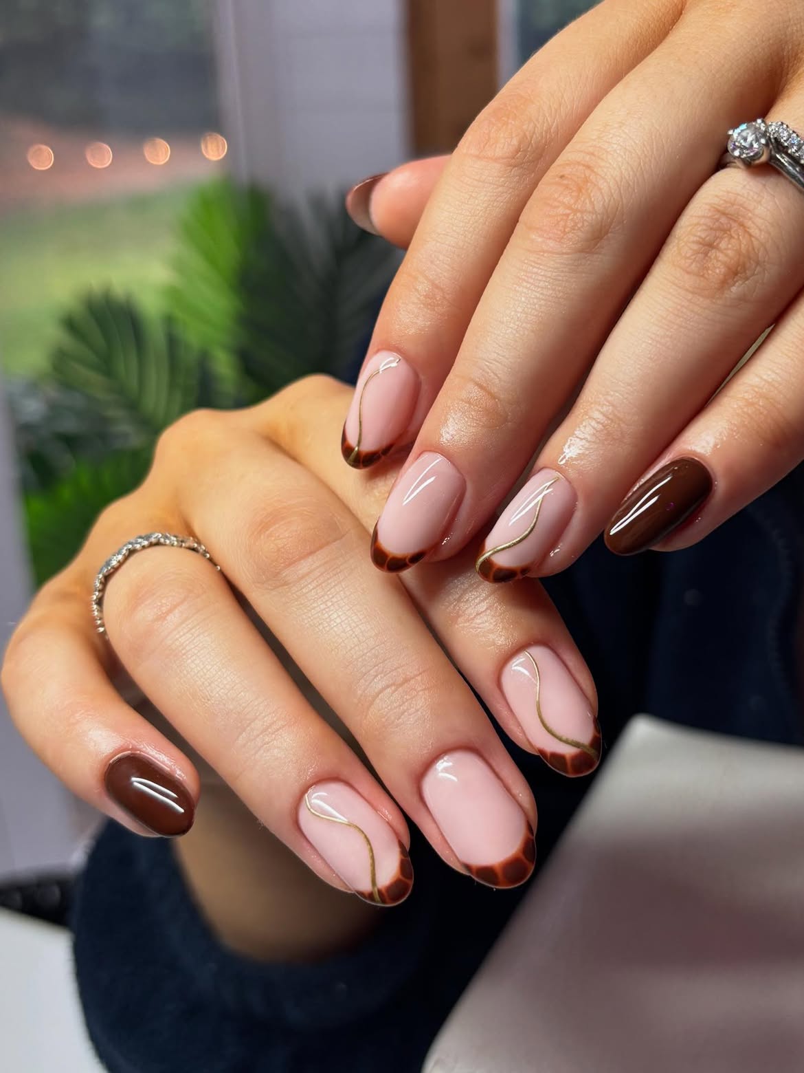 29 Stunning October Nail Ideas You Need To Try Now 12 Chocolate French Tip Almond Nails with Gold Swirls