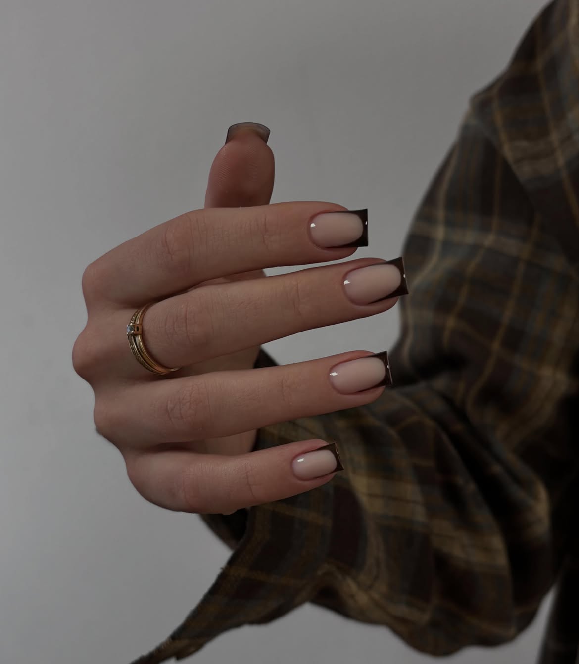 Chocolate French Tip Neutral Base Short Square Nails