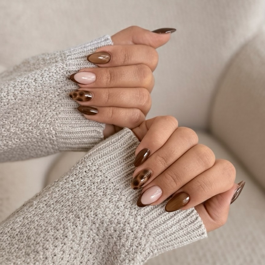 Chocolate Leopard Print French Tips Almond Nails