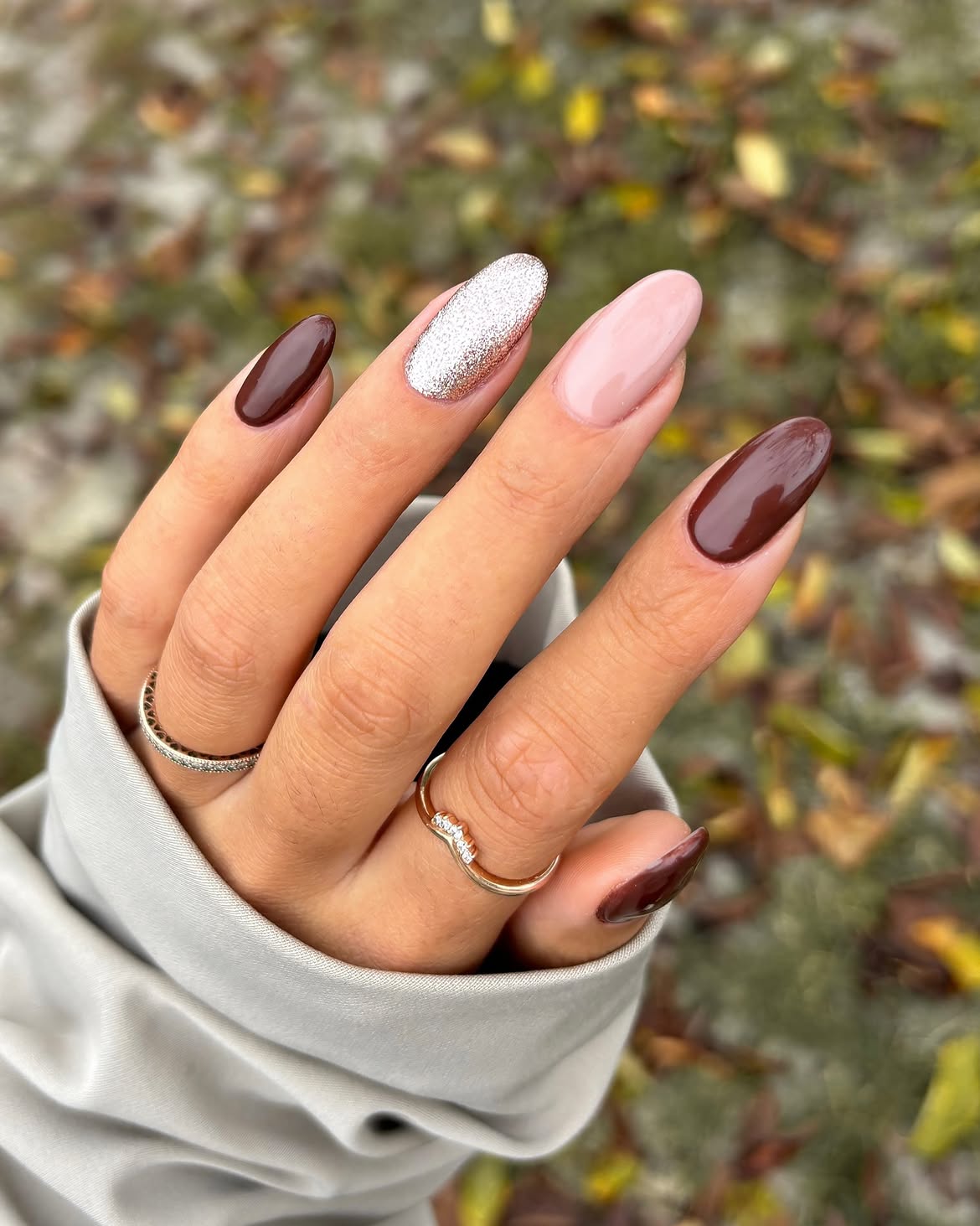 Chocolate Milk and Sparkle Almond Nails