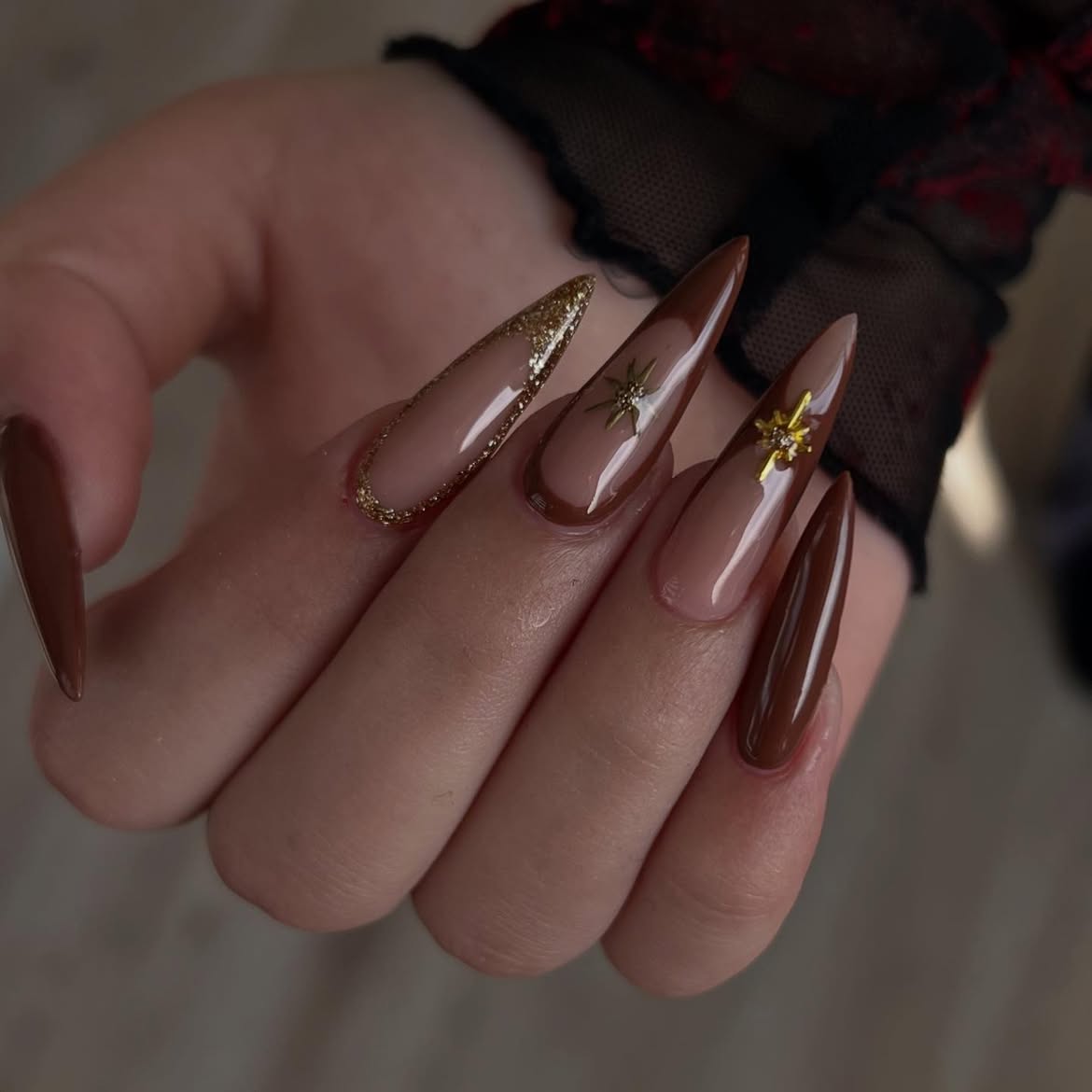 Chocolate Ombre Stiletto Nails with Gold Accents