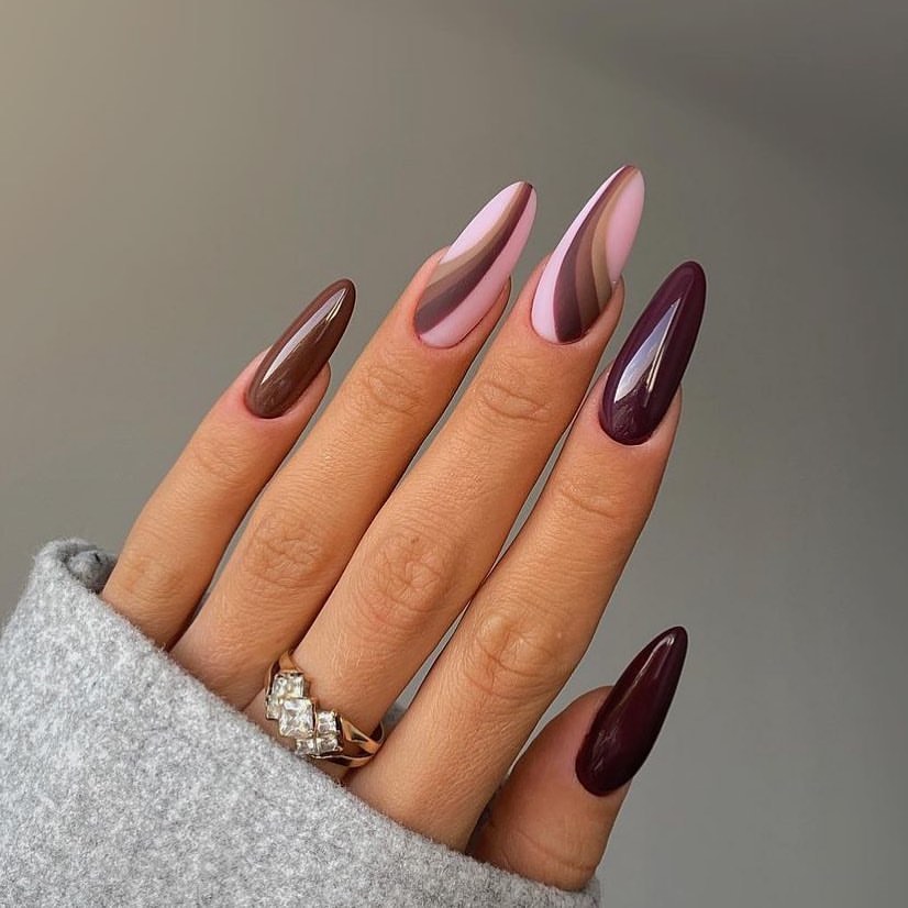 Chocolate Swirl Almond Nails with Pink Base