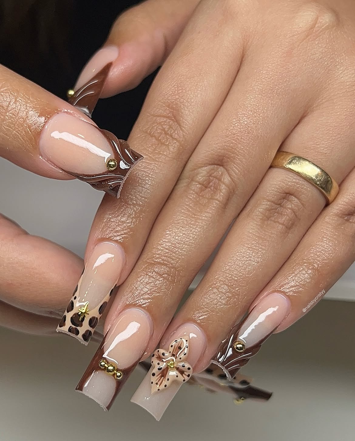 Chocolate Swirl Leopard Print 3D Flower Nails