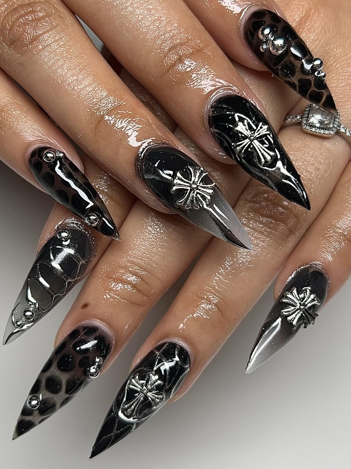 Chrome Cross Chrome Leopard Stiletto Nails