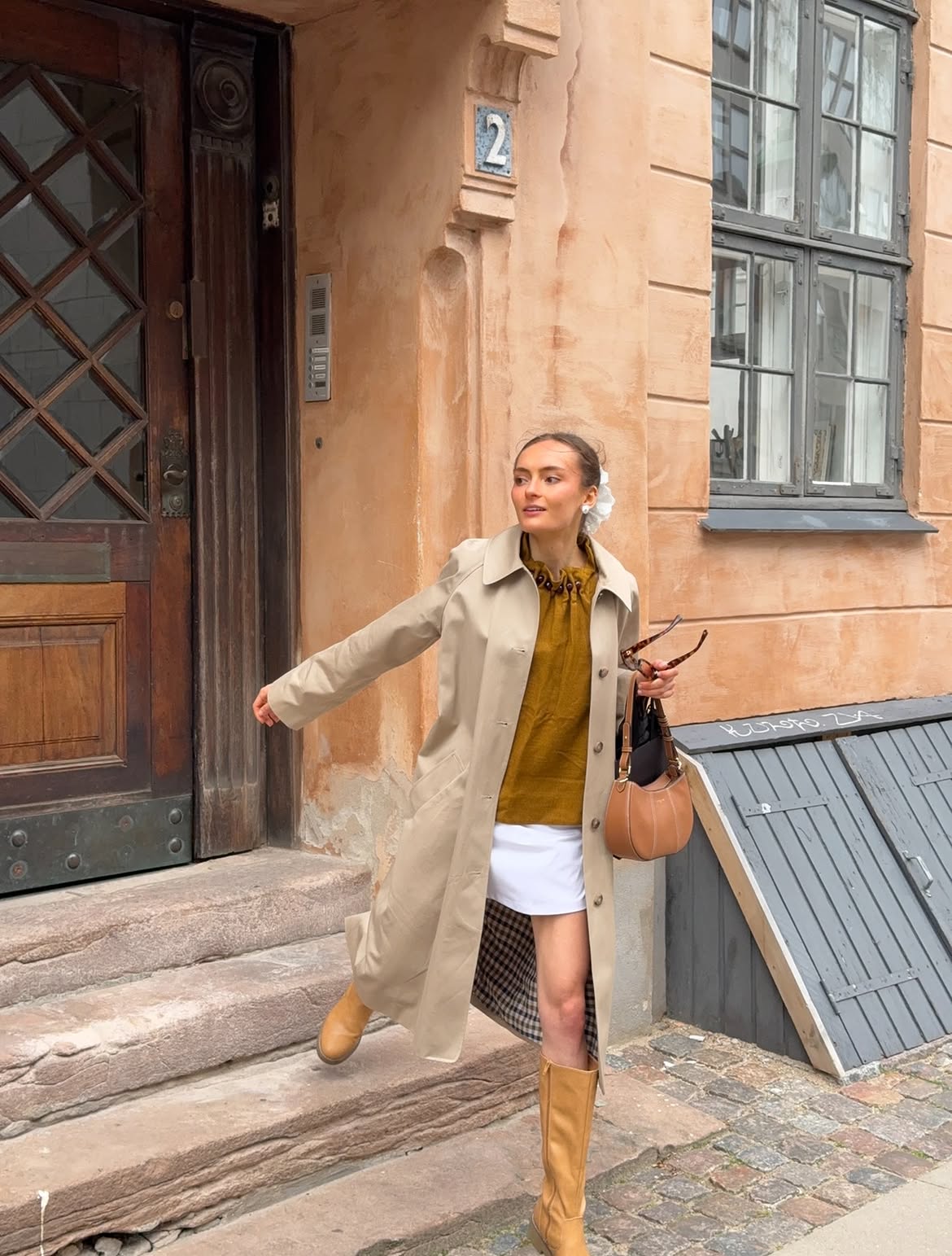 Classic Beige Trench With Mustard Knit And White Mini Skirt