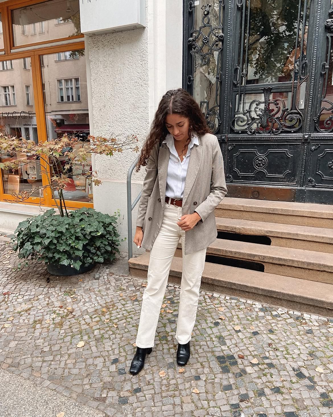 Classic Blazer With Cream Trousers And Black Boots