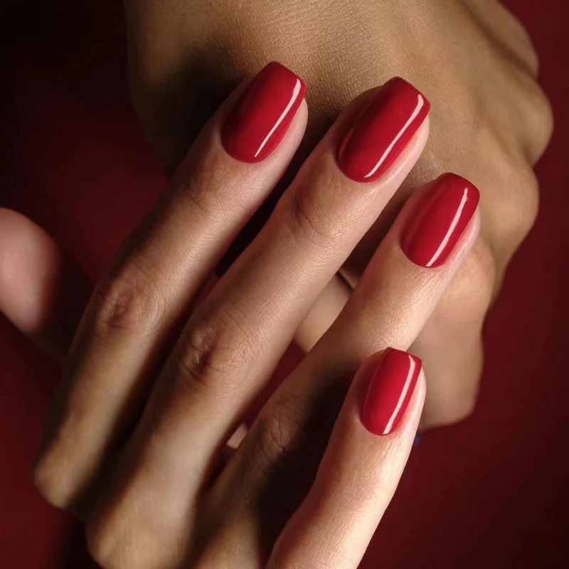 Classic Bright Red Glossy Short Square Nails