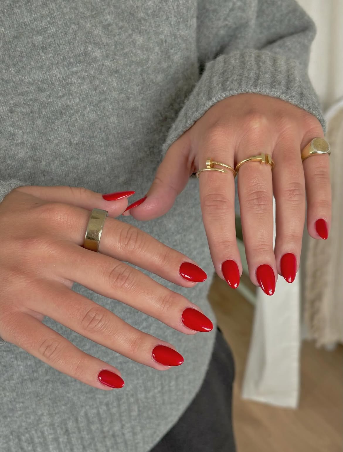 Classic Cherry Red Almond Gel Manicure