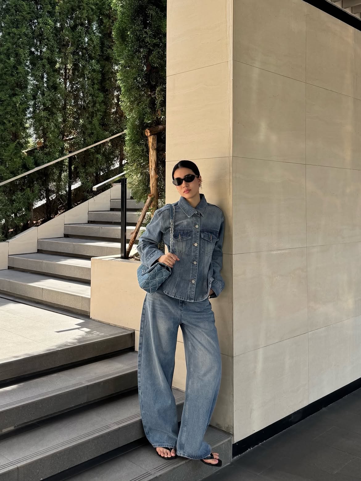 Classic Denim Set With Wide Leg Jeans