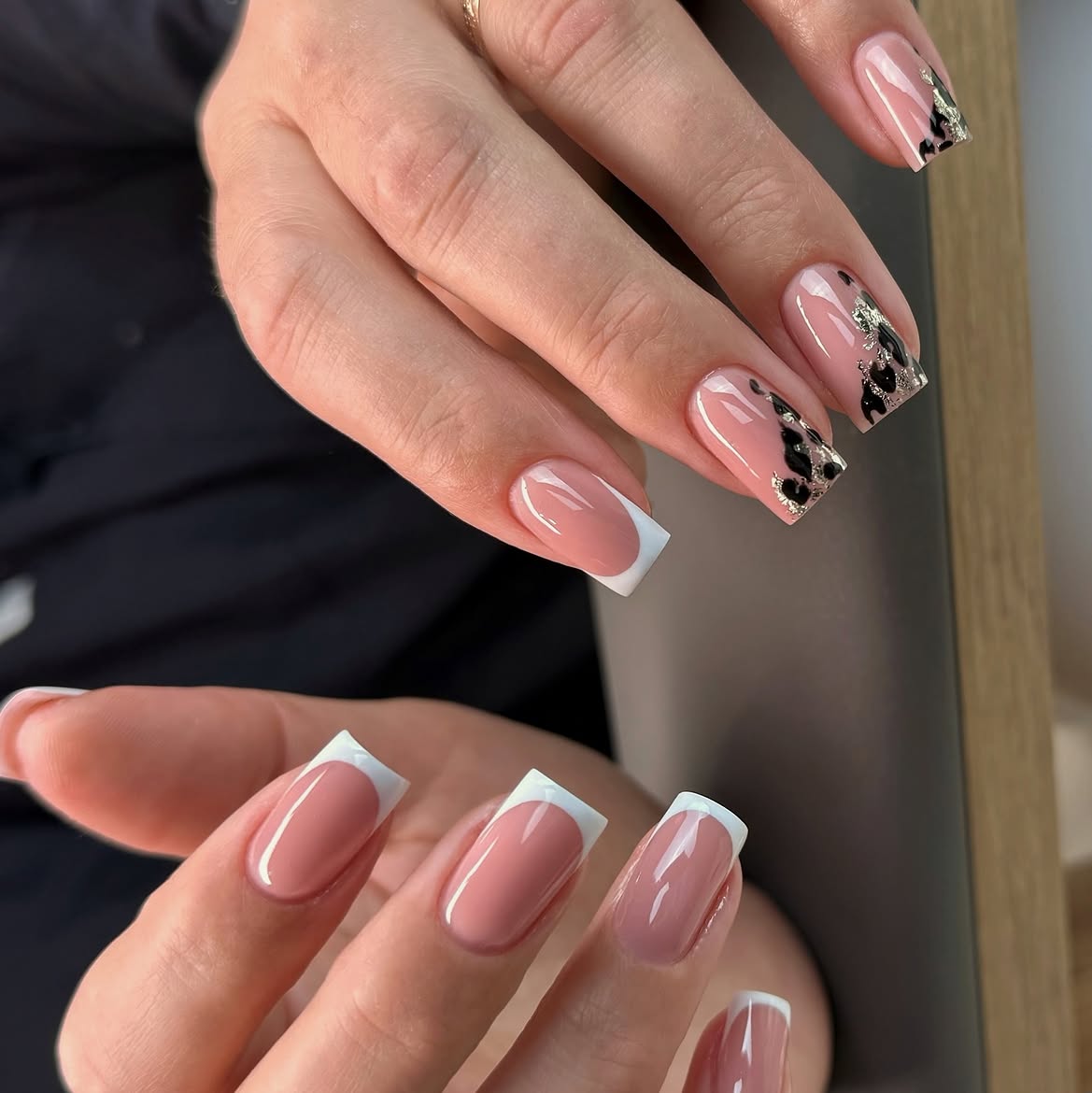 Classic French with Leopard Accent Nails