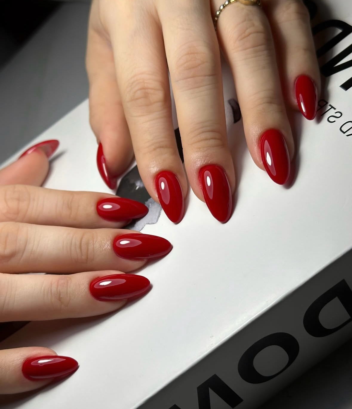 Classic Red Almond Glossy Nails