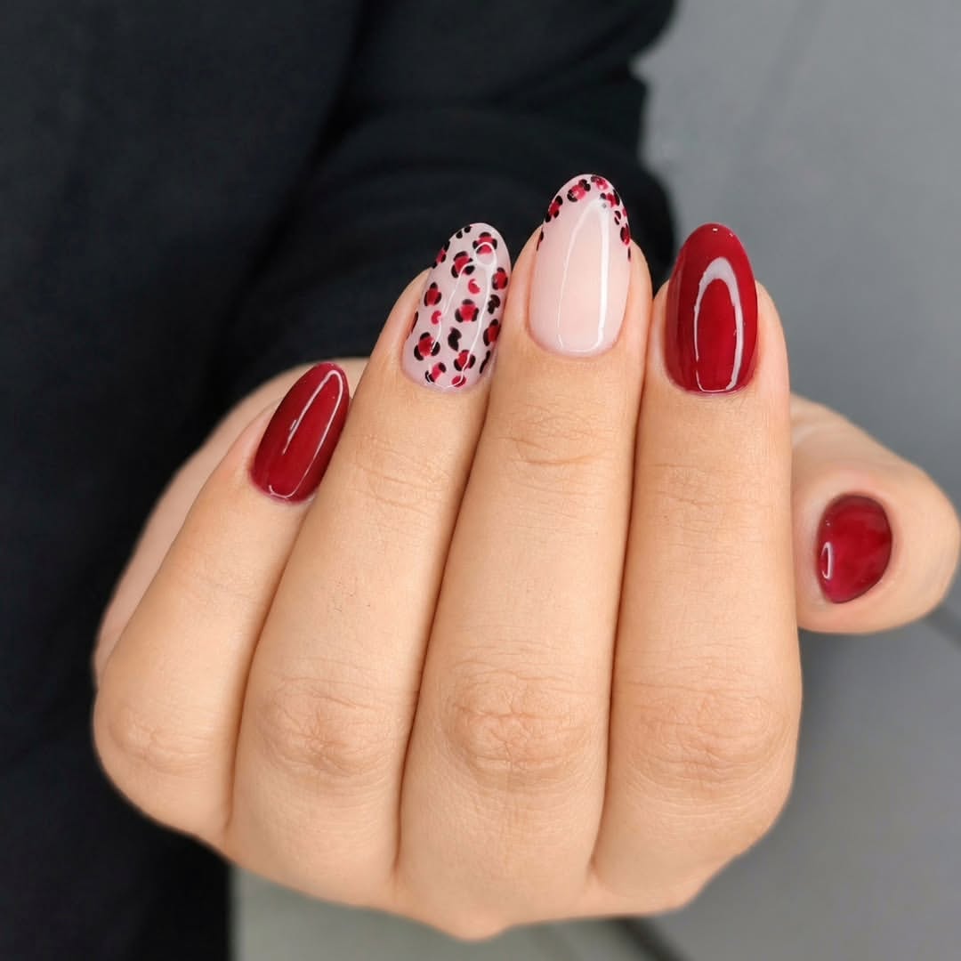 Classic Red Leopard Print Almond Nails