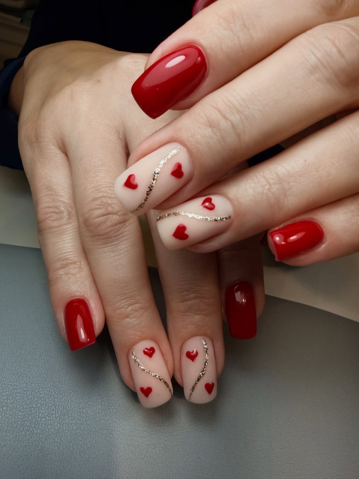 Classic Red & Nude Heart French Tips