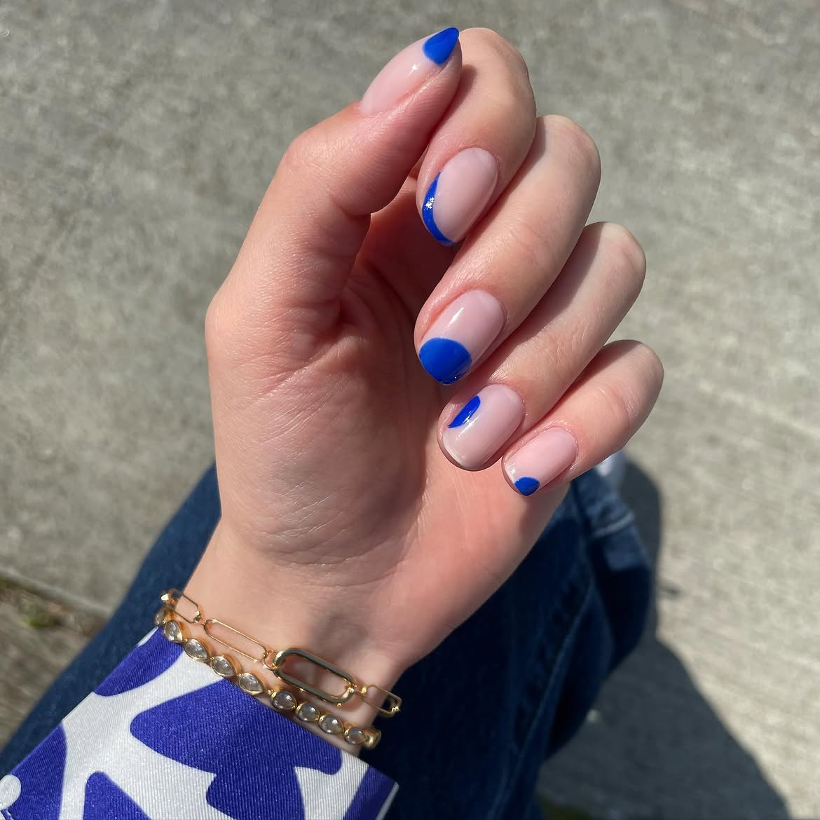 Cobalt Blue Abstract French Tips Almond Nails