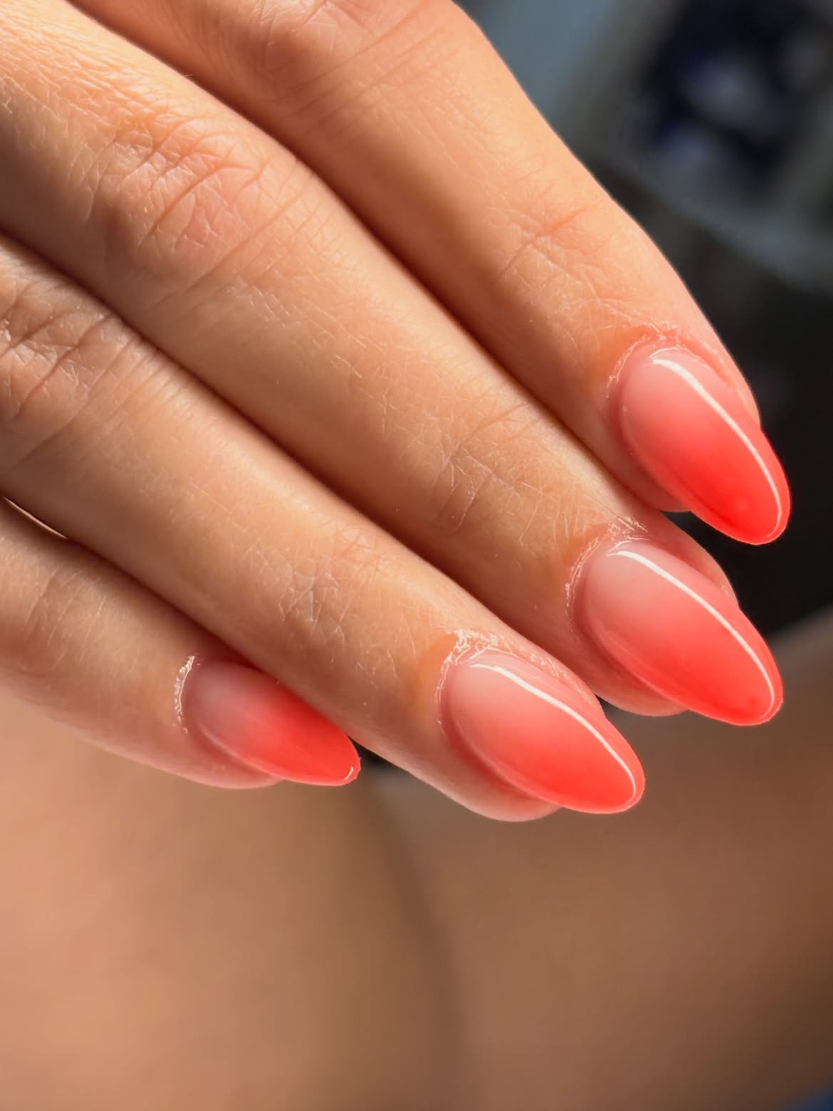 Coral Pink Peach Ombré Almond Nails