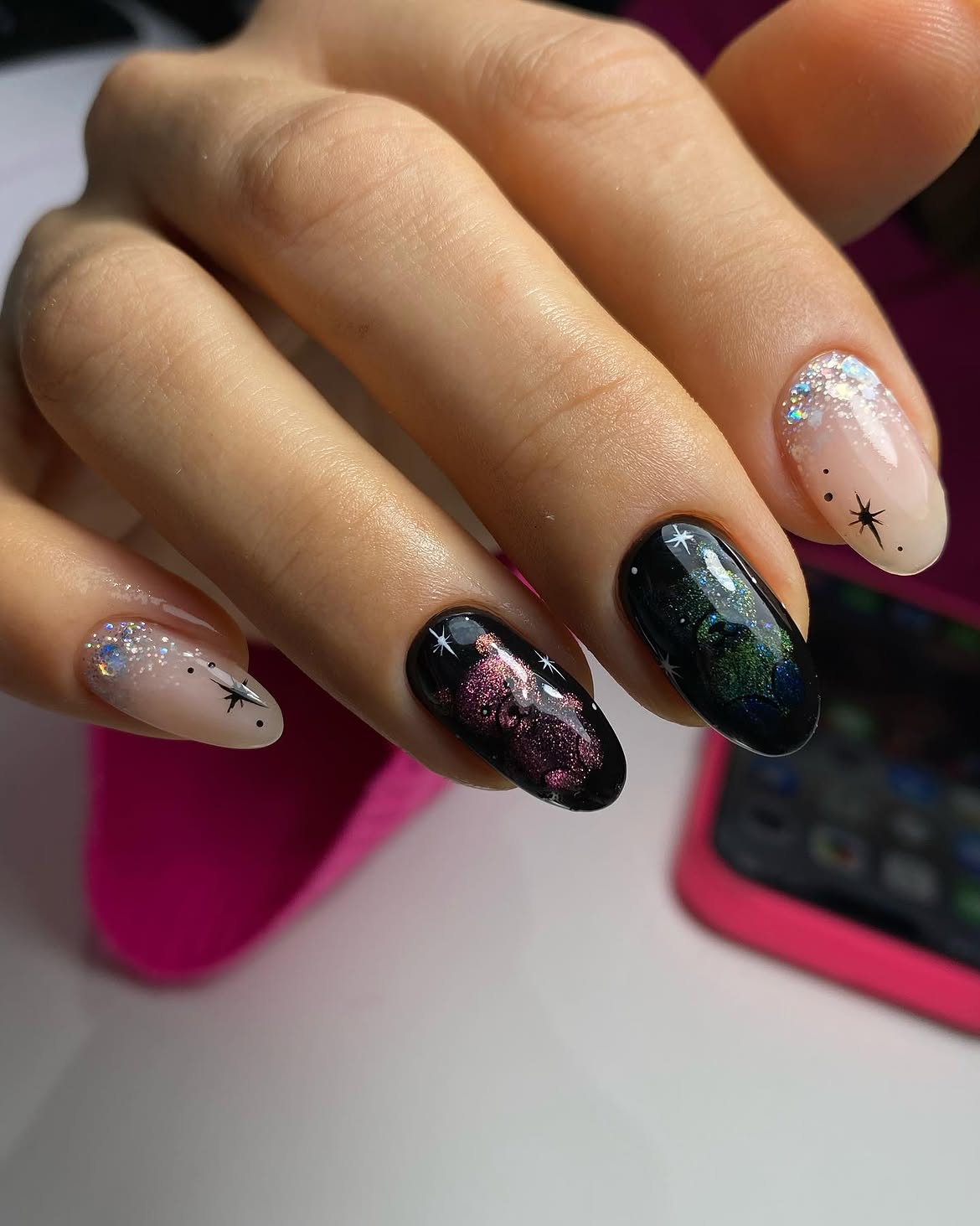 Cosmic Cat Eye Galaxy Almond Nails