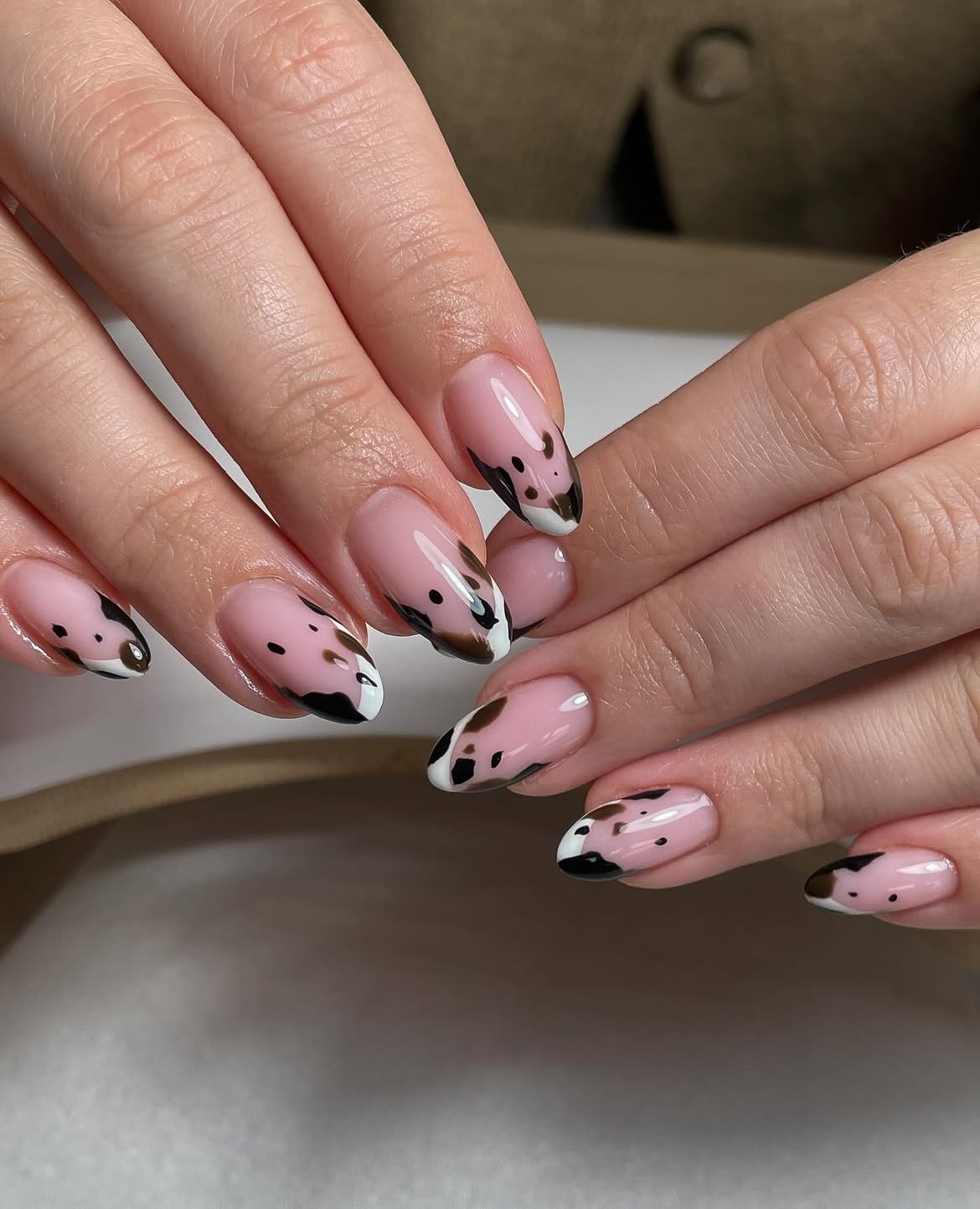 Cow Print French Tip Oval Nails