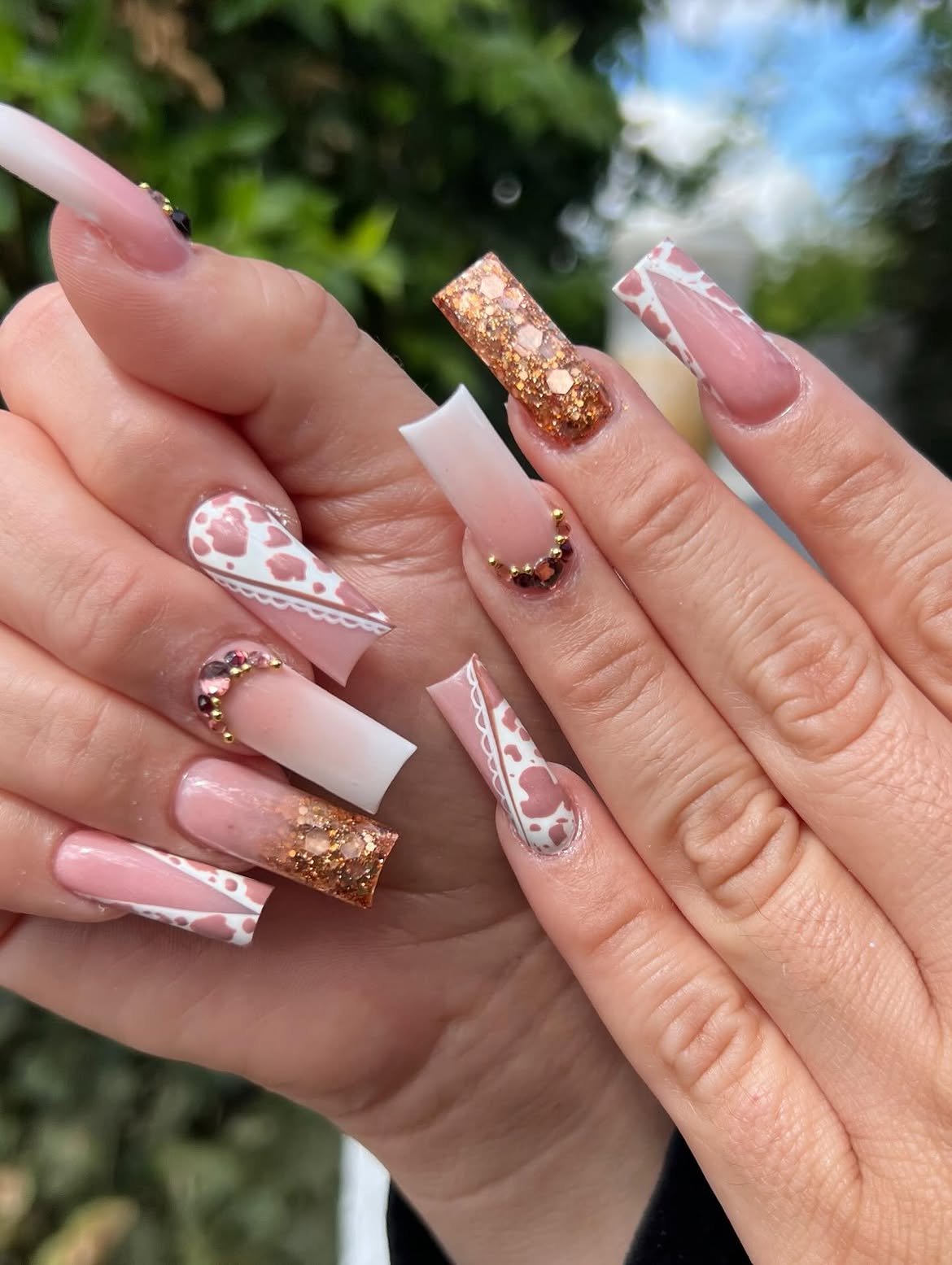 Cow Print Ombre Glitter Coffin Nails