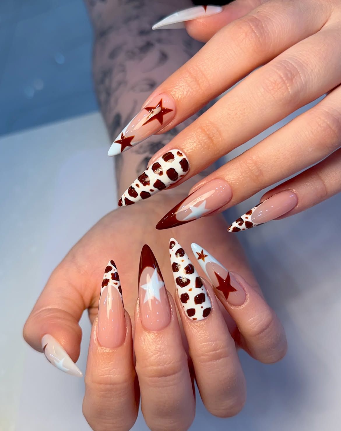 Cow Print & Star Accented Stiletto French