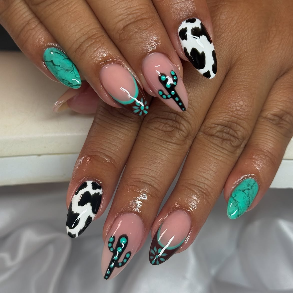 Cow Print Turquoise Cactus Almond French Tips