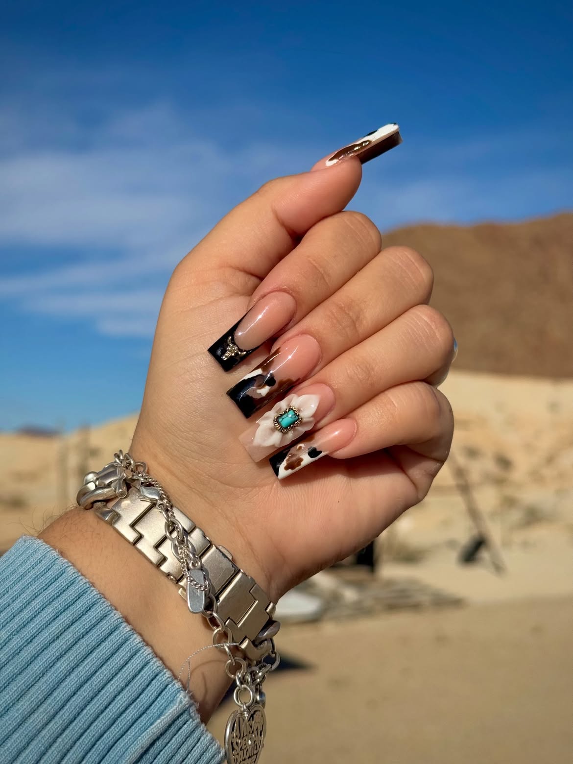 Cow Print & Turquoise Western Coffin Nails