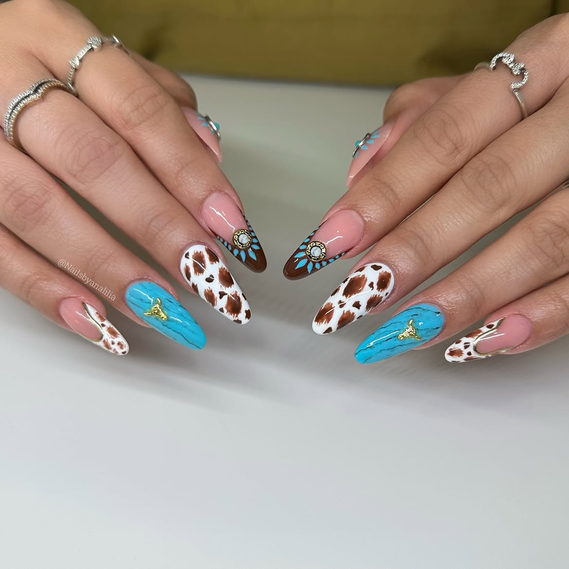 Cow Print Turquoise Western Coffin Nails