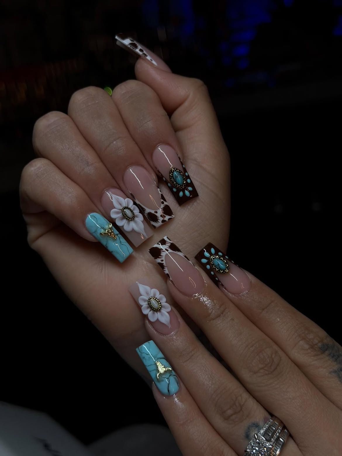 Cow Print Turquoise Western Coffin Nails