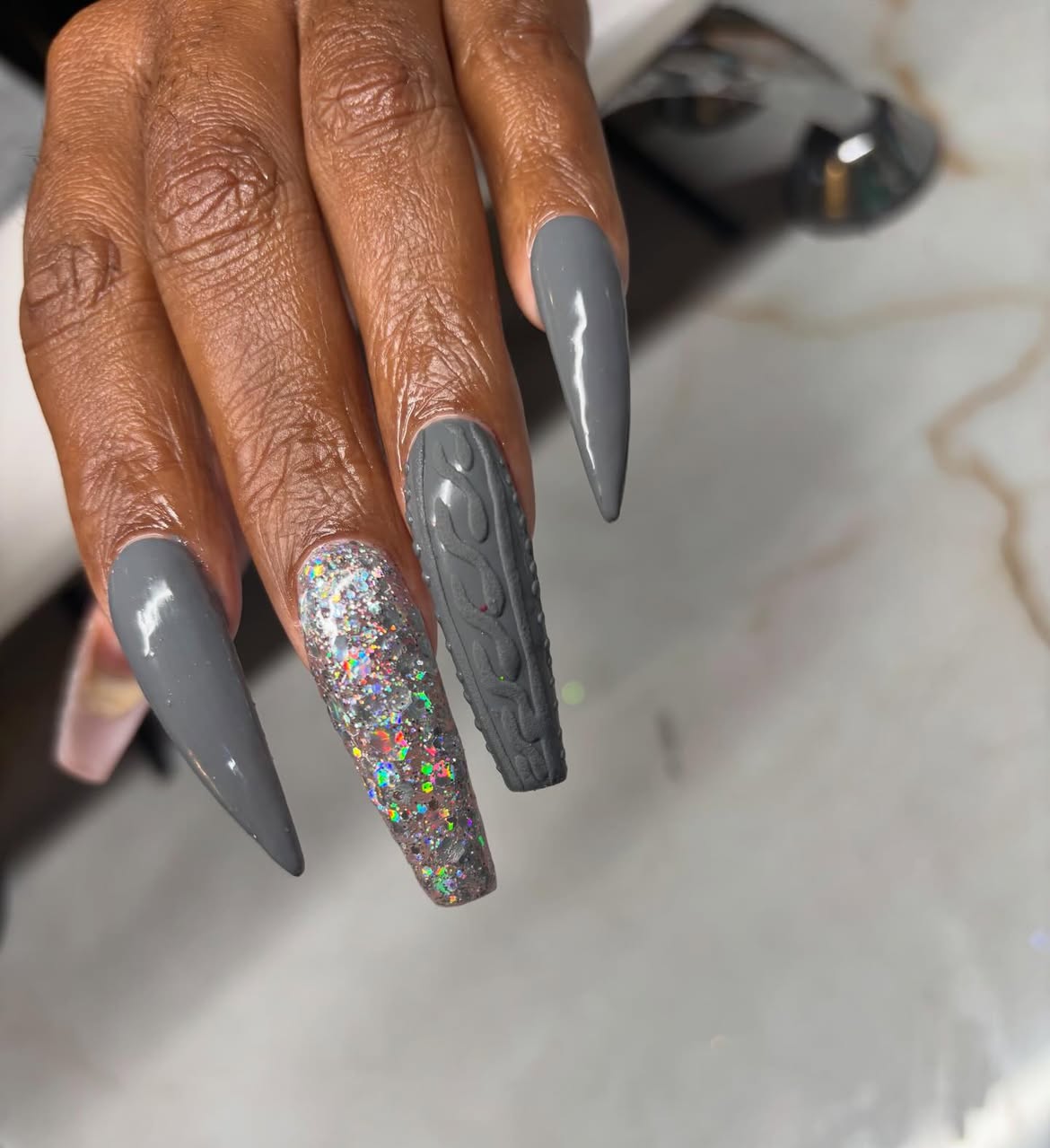 Cozy Cable Knit Grey Stiletto Nails