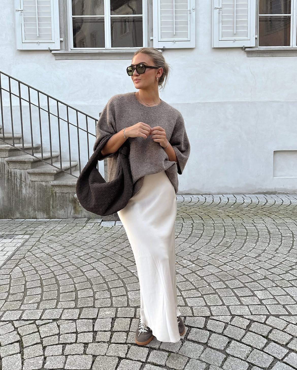 Cozy Knit Oversized Sweater With Satin Maxi Skirt